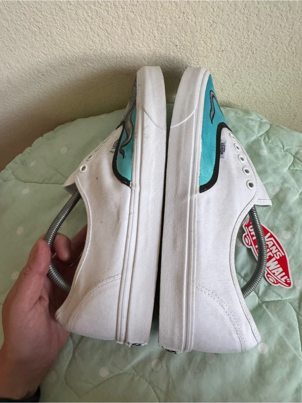 NEW Custom Painted Vans White Slip-On Sneakers with Teal Octopus Design size 13